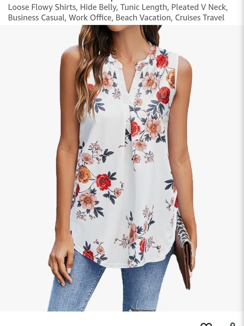 Sleeveless Floral V-Neck Tunic Top - White with Red & Peach Blooms